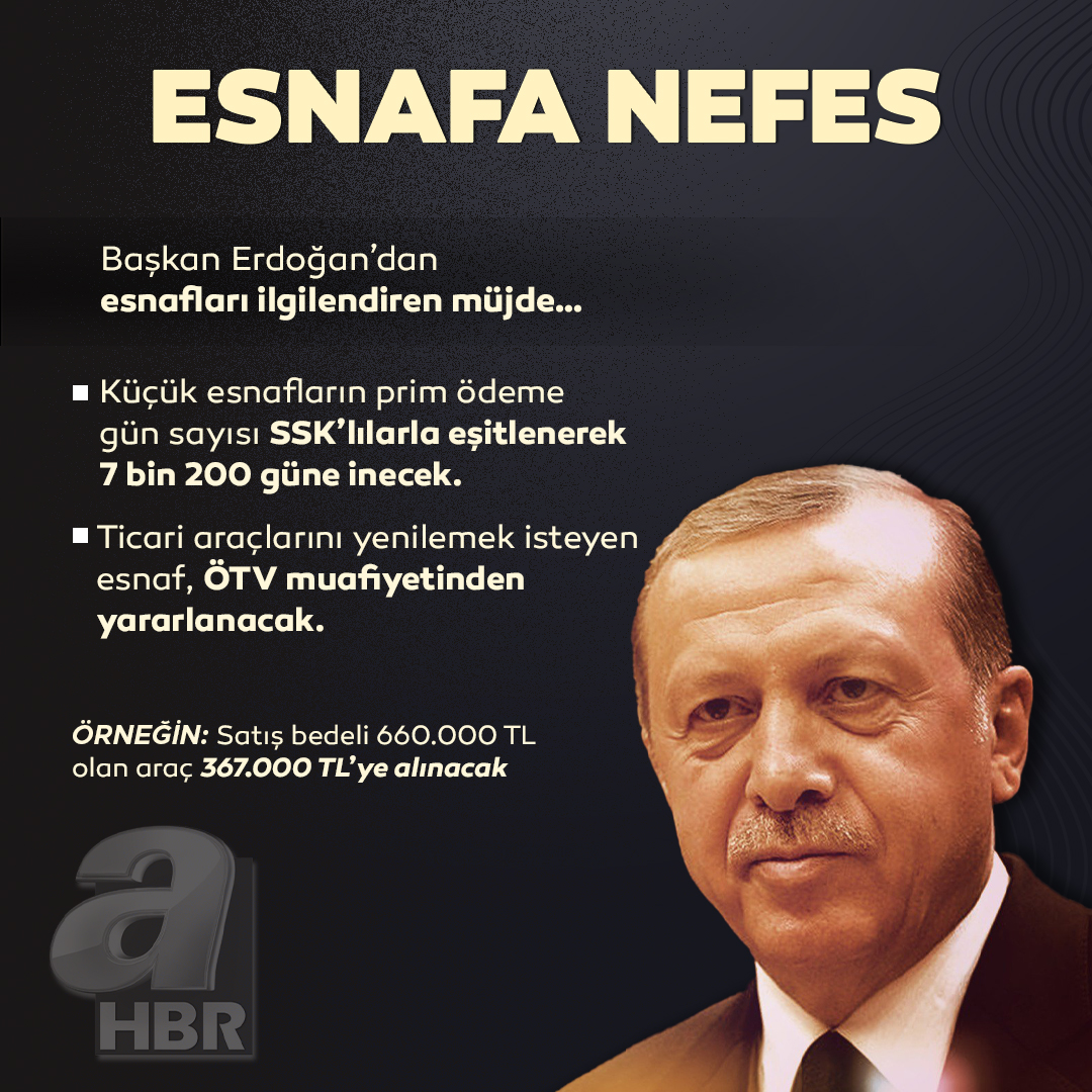 Cumhurbaşkanı Recep Tayyip Erdoğan’dan küçük esnafa müjde: Prim gün sayısını 7 bin 200’e indiriyoruz…