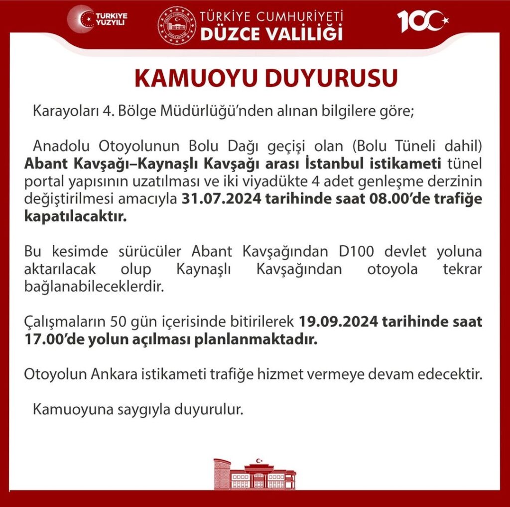 Anadolu Otoyolu’nda Geçici Trafik Düzenlemesi